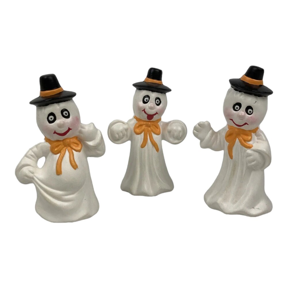 VTG Halloween Set 3 Hand Painted 4" Ceramic Ghosts W Hats Figurines 80s Decor